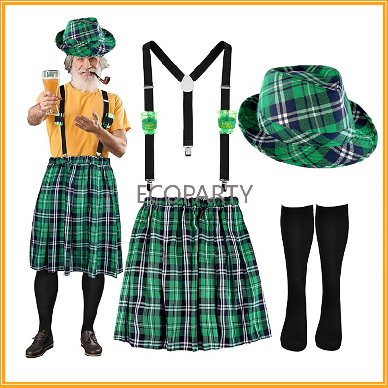 Sock Garter Men - ชุดคอสตูมวันเซนต์แพทริก ชุดลายสก็อตสีเขียว สายเอี๊ยม หมวก และถุงเท้า ของที่ระลึกงานเทศกาลไอริช