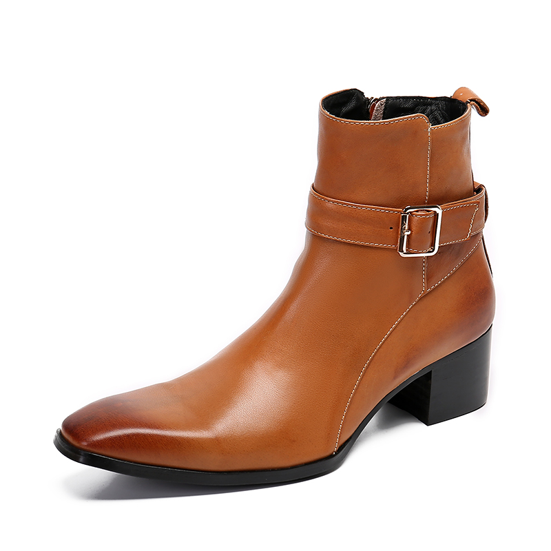 Men Formal Wear With Boots - ฤดูหนาวสีน้ําตาลหัวเข็มขัดชี้ผู้ชายซิปรองเท้าข้อเท้ารองเท้าหนังแท้กลางส้นคาวบอยสํานักงานขนาดใหญ่รองเท้าสั้น
