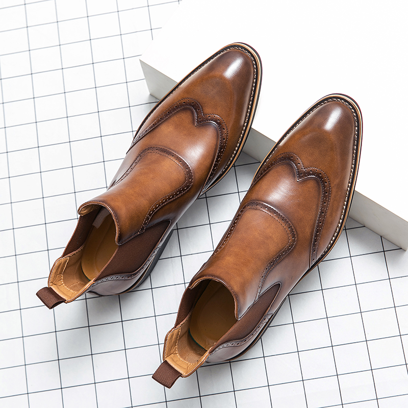 Men Formal Wear With Boots - รองเท้าบูทเชลซีแฟชั่นผู้ชายสไตล์อังกฤษรองเท้าหนังนิ่มแกะสลักรองเท้าปาร์ตี้ชุดเดรสคาวบอยหุ้มข้อบูทสั้นโบทอัสผู้ชาย