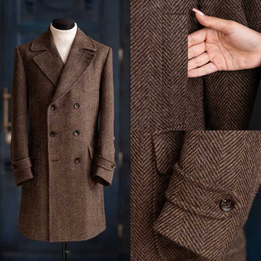 Men Formal Wear Modern - เสื้อโค้ทผู้ชายลายก้างปลาแบบโมเดิร์น 1 ชิ้น กระดุมสองแถว สำหรับฤดูหนาว ให้ความอบอุ่น