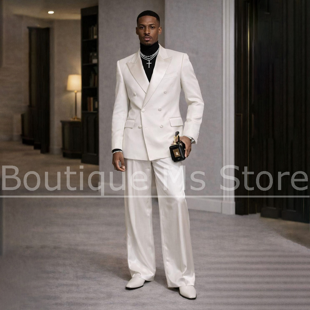 Men Formal Wear Modern - ชุดสูทผู้ชายสีขาวผ้าซาติน 2 ชิ้น แบบกระดุมสองแถว ปกแหลม ทรงทันสมัยเข้ารูป