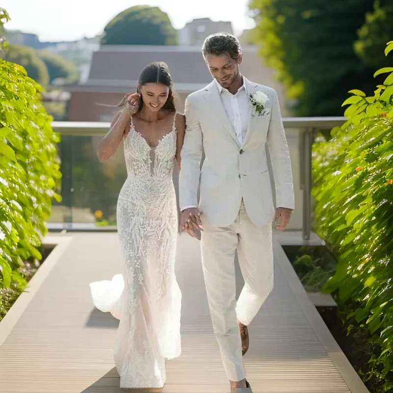 Men Formal Wear Modern - ผ้าลินินงานแต่งงาน Tuxedo สําหรับชายฤดูร้อนชายหาดอย่างเป็นทางการชุด 2 ชิ้น SLIM